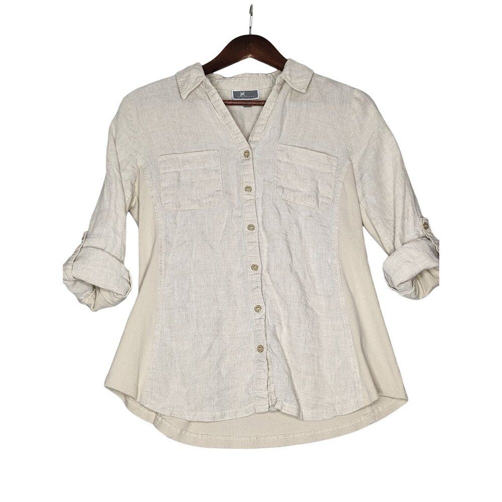 JM Collection Tunic Button Down Linen/Cotton Roll Tap Sleeve Relaxed Fit Size 4